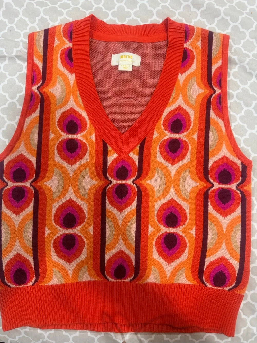 Maeve Bright Orange Retro Geometric V-Neck Sweater Vest - Picture 2 of 5